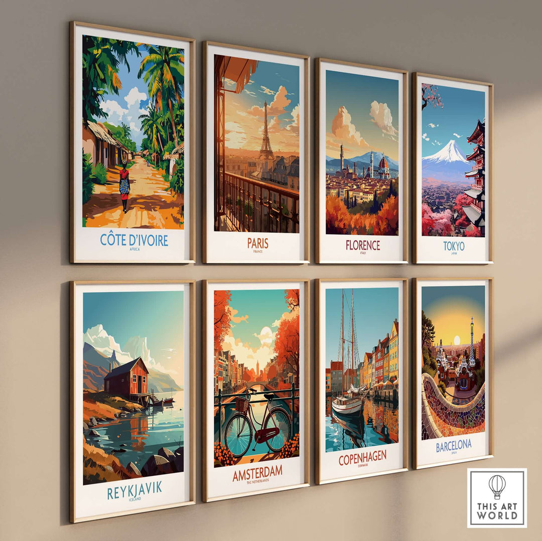 Collection of travel posters featuring Côte d'Ivoire, Paris, Florence, Tokyo, Reykjavik, Amsterdam, Copenhagen, and Barcelona.