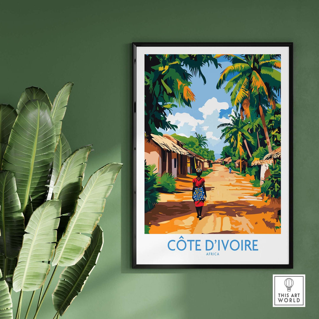 Côte d'Ivoire travel poster showcasing a vibrant street scene in Ivory Coast, framed art print for wall decor.