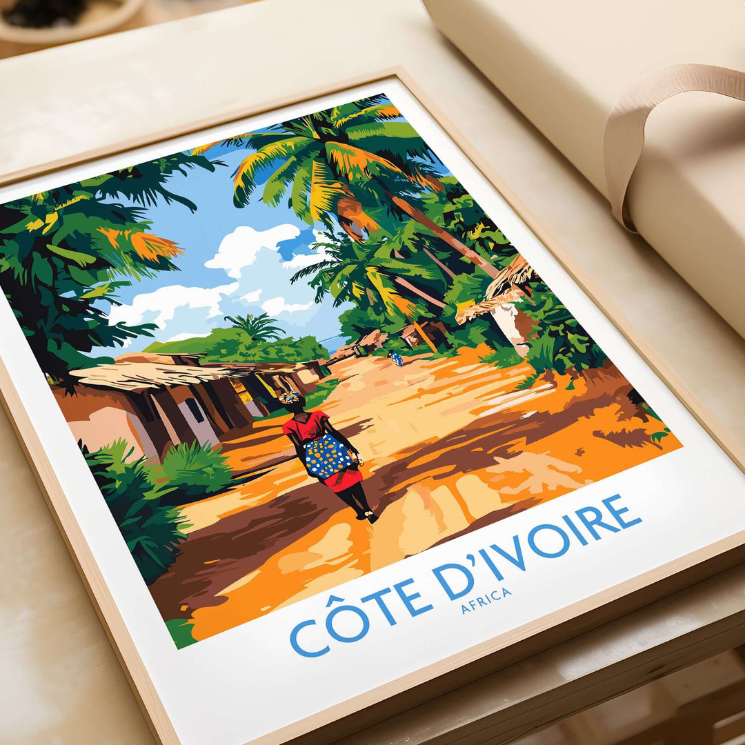 Ivory Coast travel poster featuring vibrant landscape and local figure, perfect for African art decor.