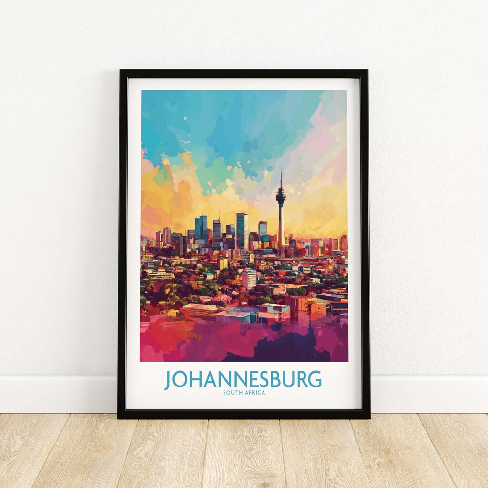 Vibrant Joburg skyline poster showcasing Johannesburg, South Africa cityscape art in a stylish frame.