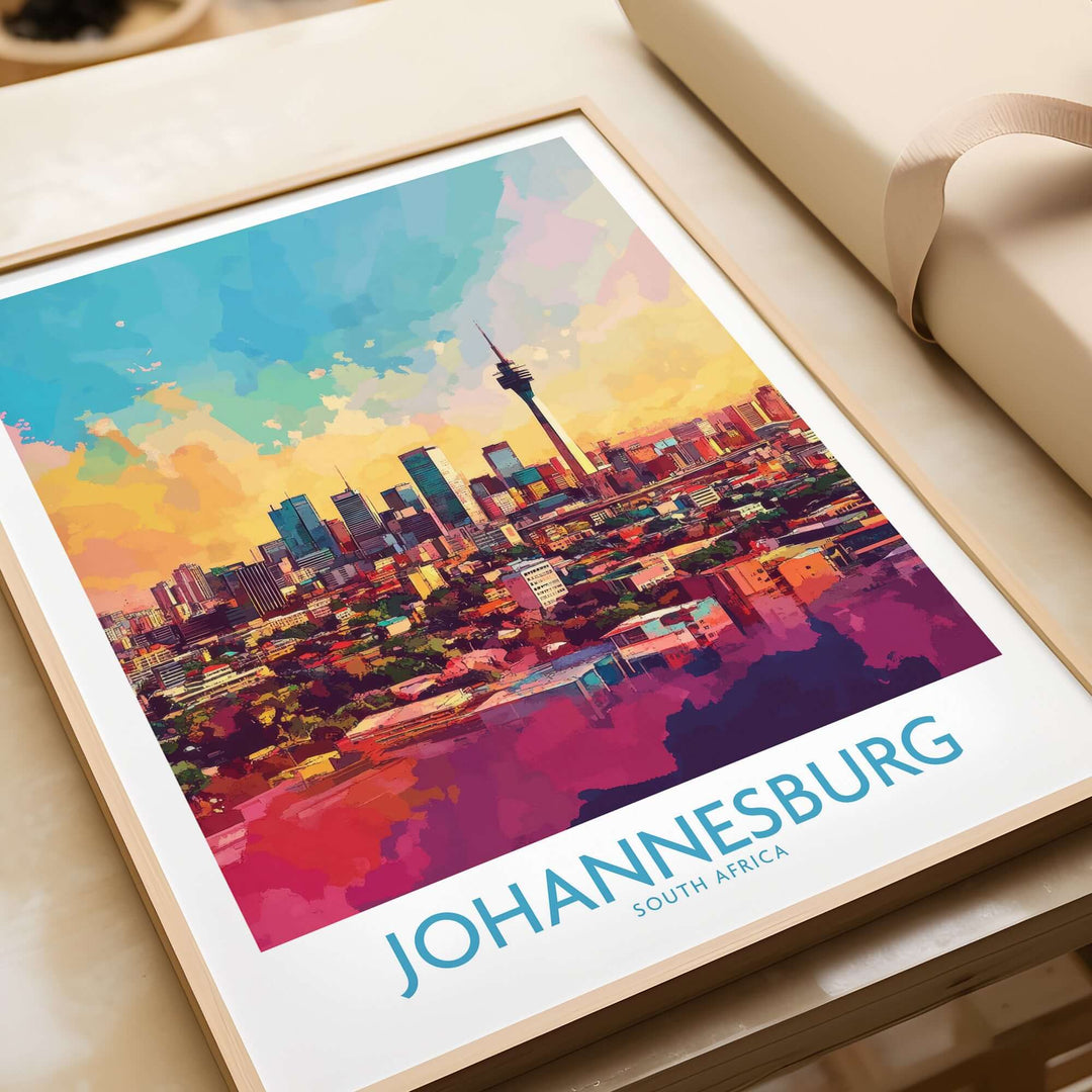 Johannesburg skyline poster featuring a vibrant cityscape art print on premium paper.
