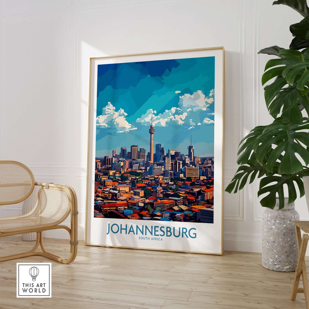 Joburg skyline wall art featuring Johannesburg cityscape with vibrant colors and detailed design.