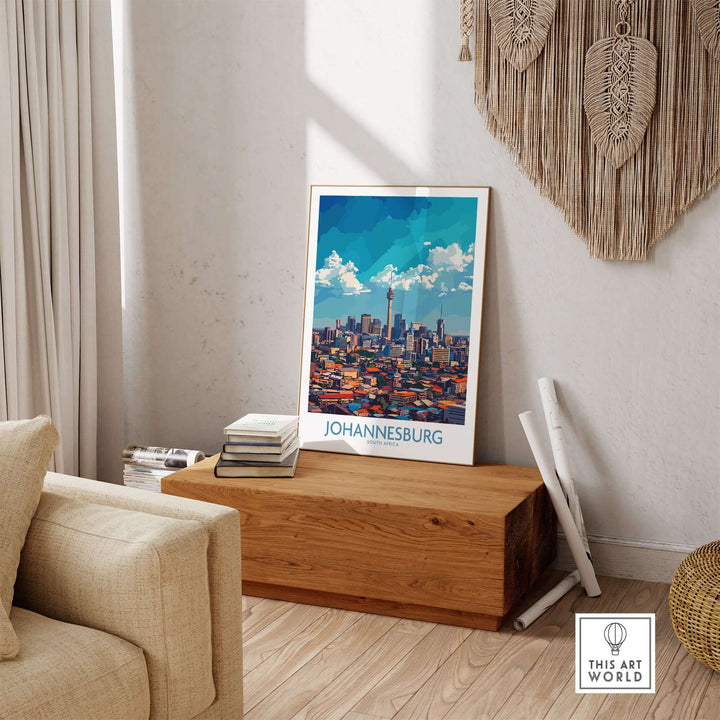 Johannesburg skyline wall art showcasing vibrant cityscape in a modern living room setting.
