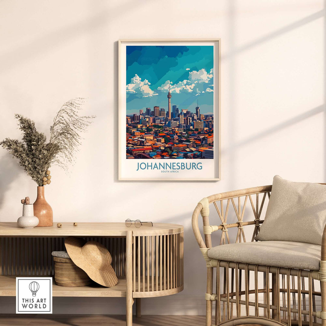 Johannesburg cityscape wall art in a modern living room setting, showcasing vibrant skyline and architectural details.