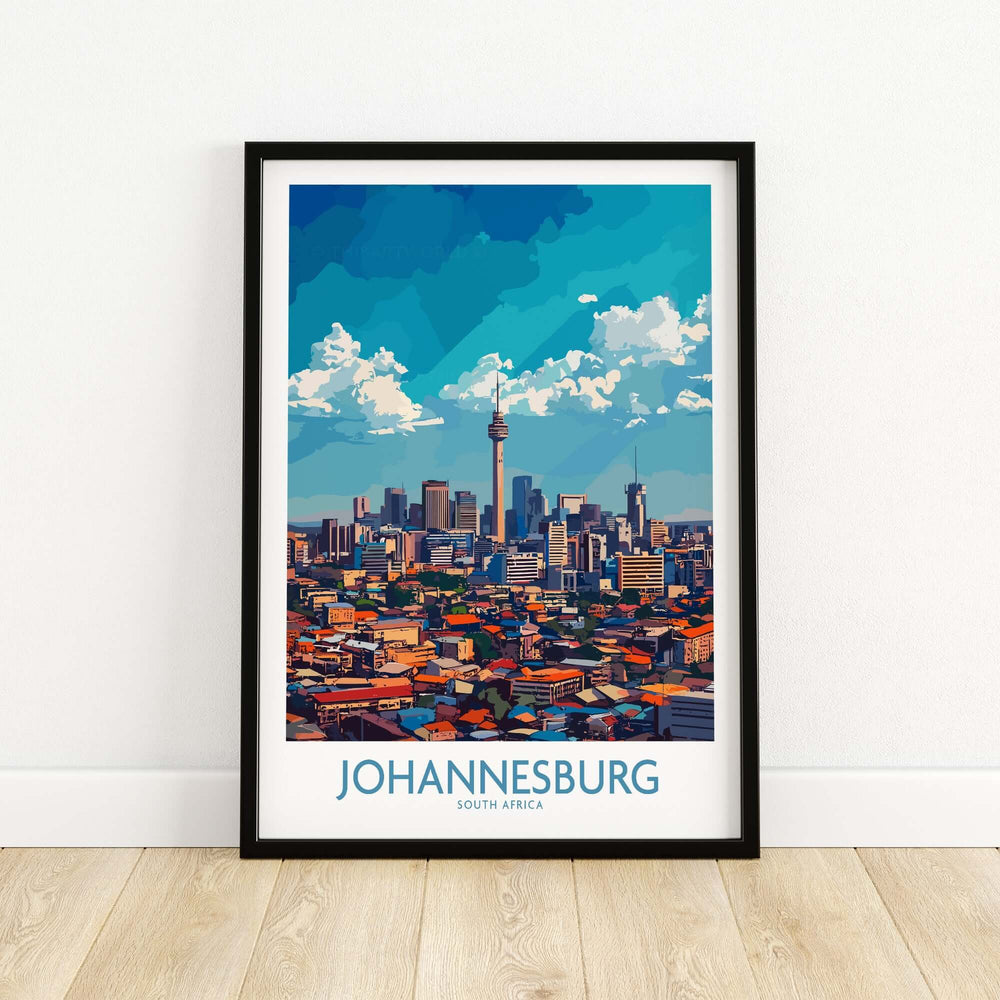 Johannesburg city skyline wall art print showcasing vibrant colors and skyline details, perfect for South African decor.