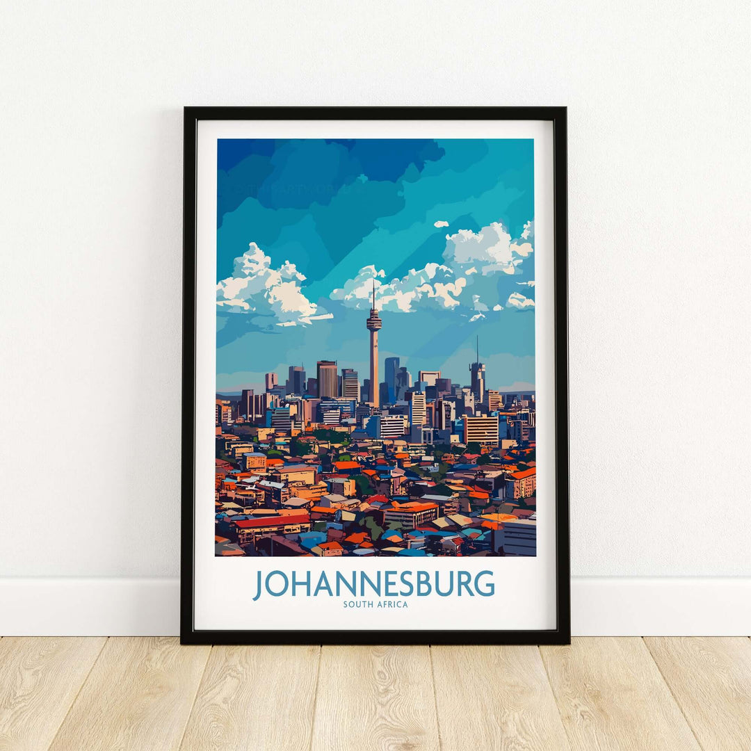 Johannesburg city skyline wall art print showcasing vibrant colors and skyline details, perfect for South African decor.