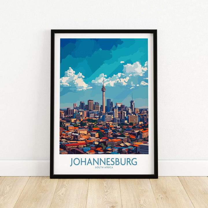 Johannesburg city skyline wall art print showcasing vibrant colors and skyline details, perfect for South African decor.