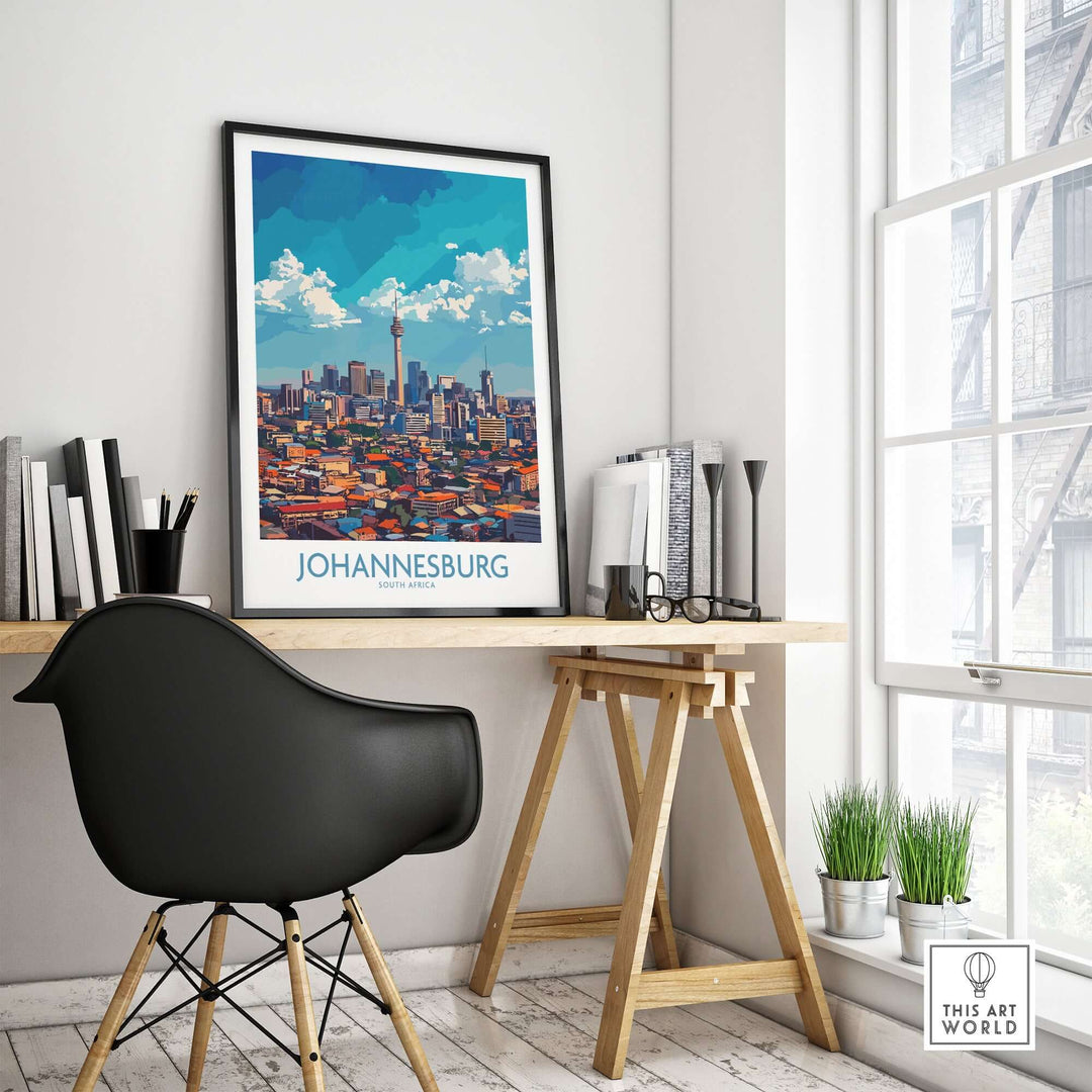 Johannesburg cityscape wall art displayed in a modern office setting, showcasing vibrant colors and detailed skyline.