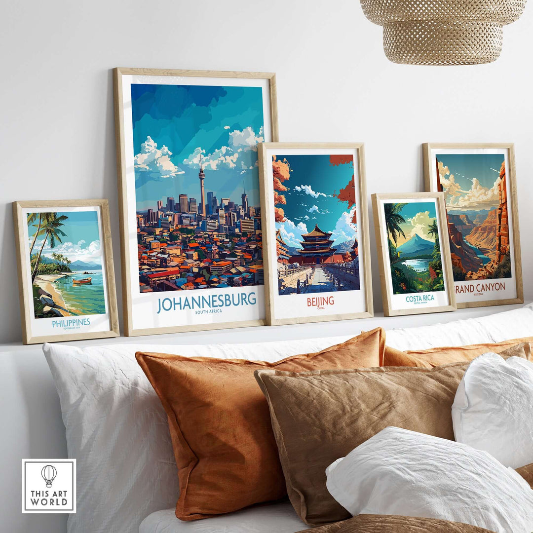Colorful framed cityscape wall art featuring Johannesburg, Beijing, and nature scenes.