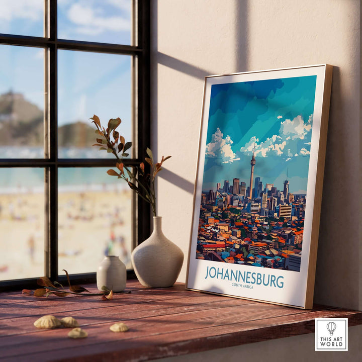 Johannesburg cityscape wall art displayed by window, showcasing vibrant skyline and South African charm.