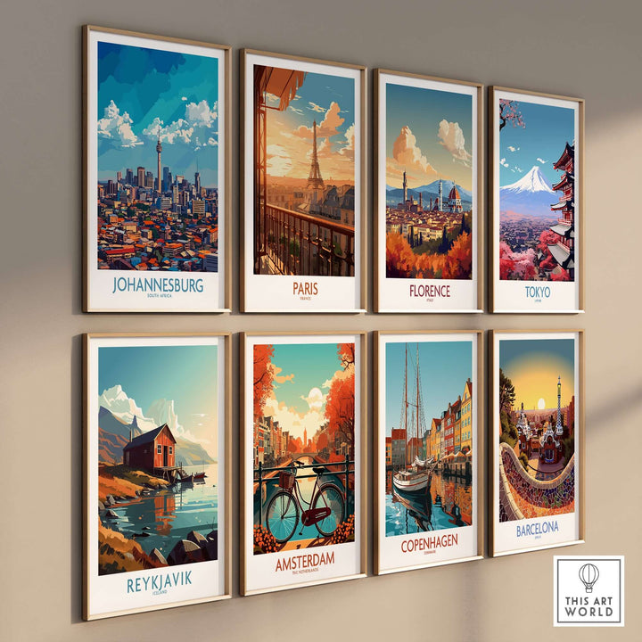 Gallery of vibrant cityscape wall art featuring Johannesburg, Paris, Florence, Tokyo, Reykjavik, Amsterdam, Copenhagen, and Barcelona.