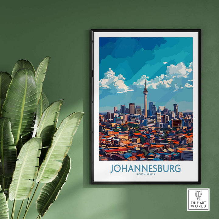 Johannesburg skyline wall art showcasing a vibrant cityscape in South Africa with a tropical plant backdrop.