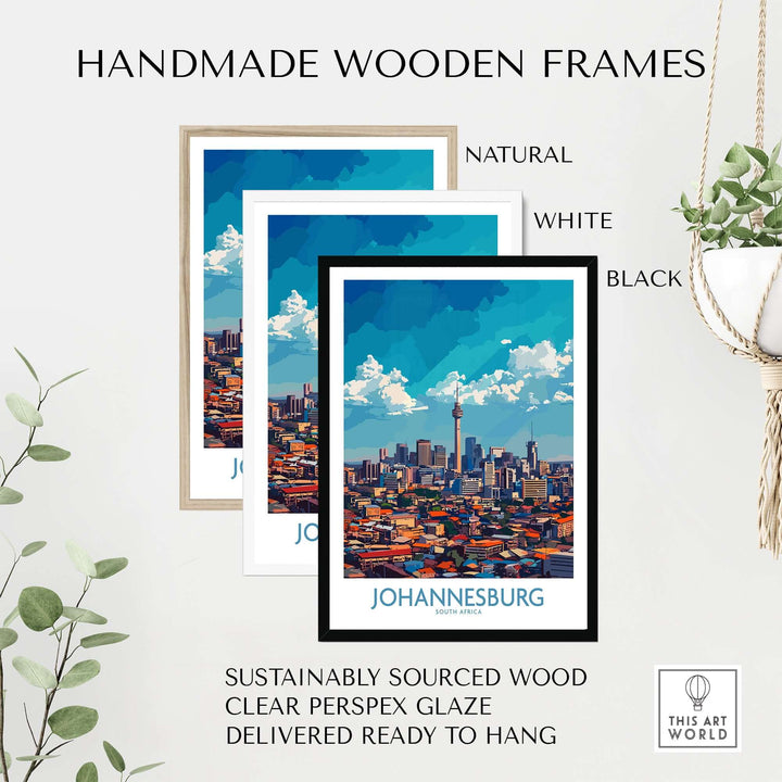 Handmade wooden frames for Johannesburg skyline art in natural, white, and black styles.