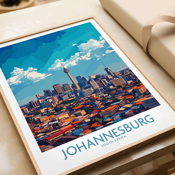 Johannesburg skyline art print featuring vibrant colors and cityscape details on premium paper.