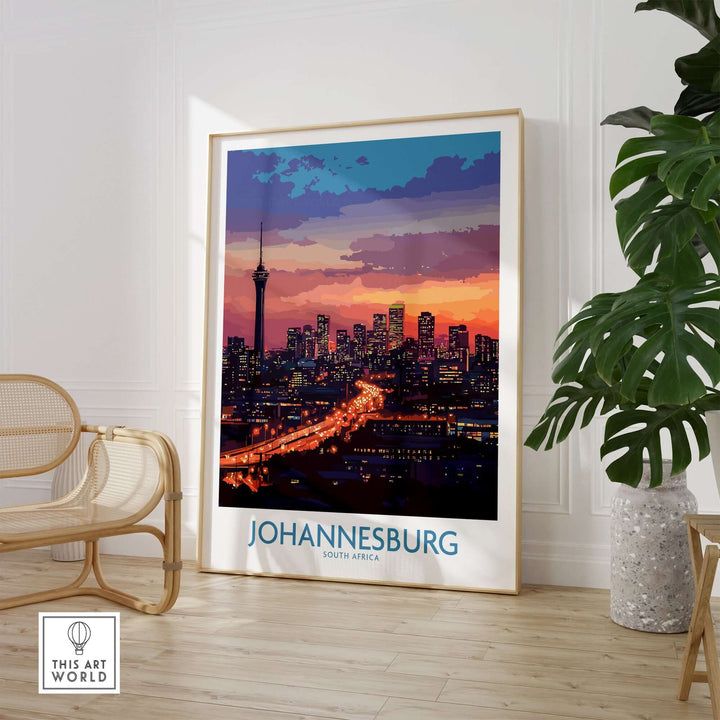 Johannesburg skyline poster print featuring vibrant colors and iconic landmarks, showcasing South Africa's beauty.