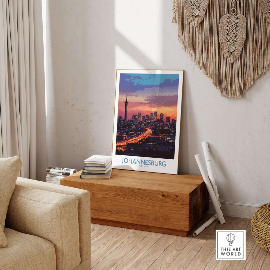 Johannesburg skyline poster print showcasing vibrant night colors in a stylish home setting.