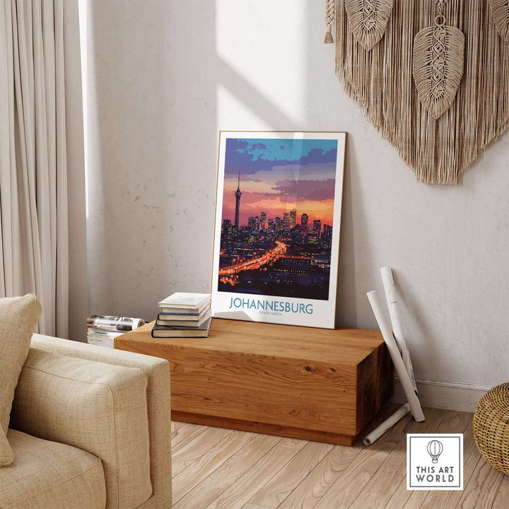 Johannesburg skyline poster print showcasing vibrant night colors in a stylish home setting.