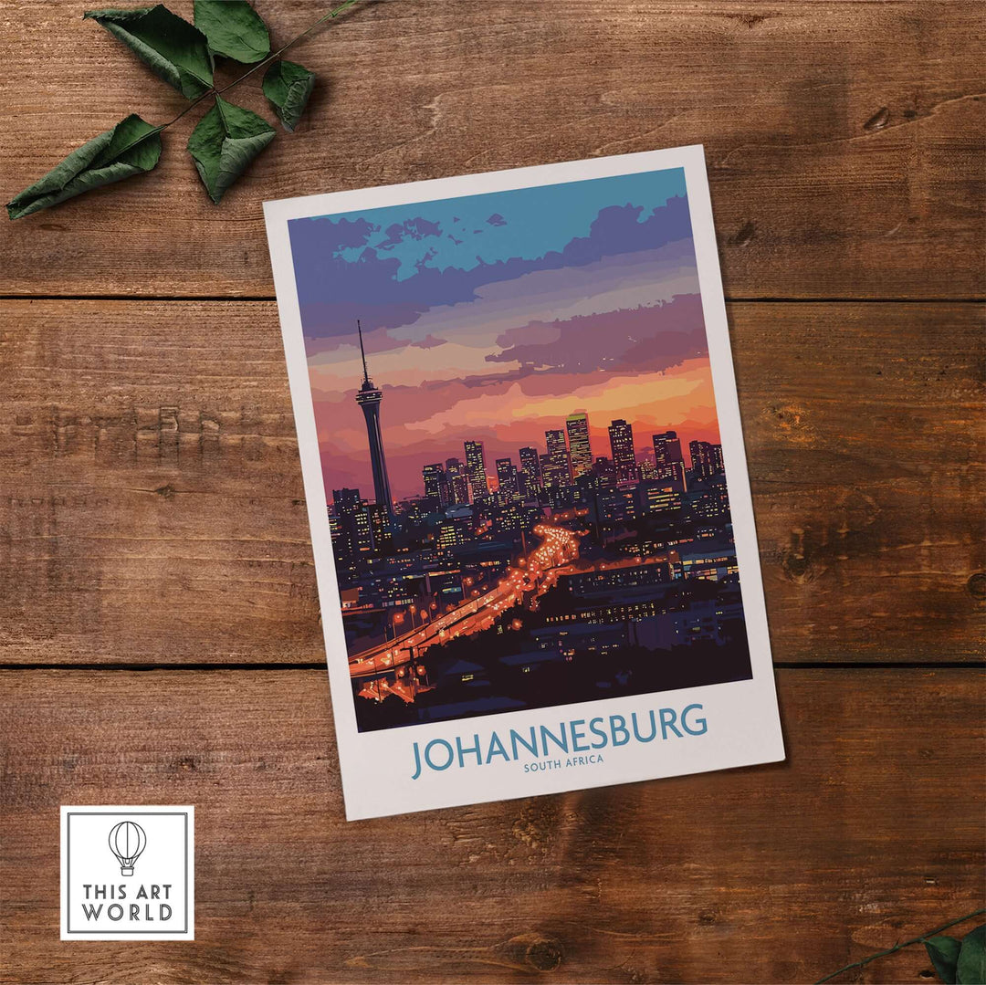 Johannesburg skyline poster print showcasing vibrant city lights at night, perfect for South African art lovers.
