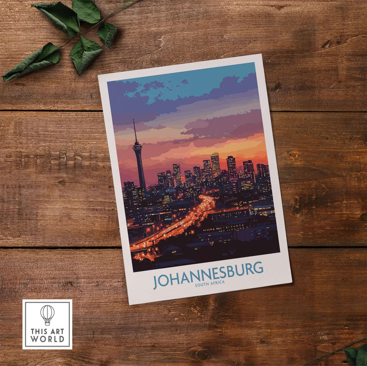 Johannesburg skyline poster print showcasing vibrant city lights at night, perfect for South African art lovers.