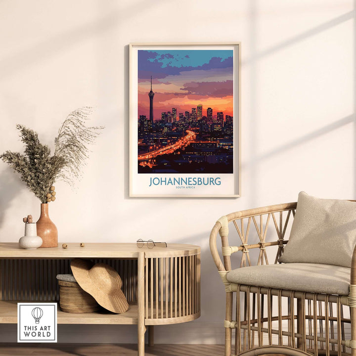 Johannesburg skyline poster print showcasing vibrant night colors and city lights, framed in a modern living room.