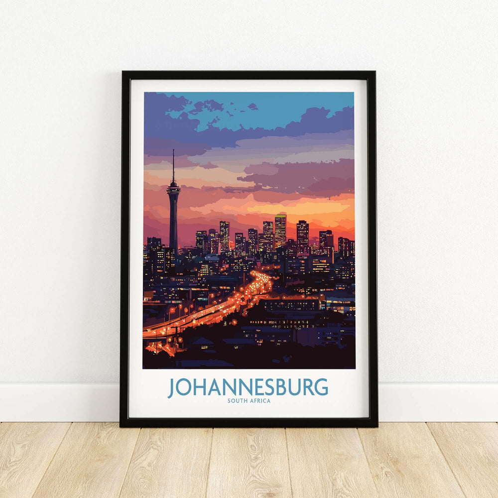 Johannesburg JHB skyline poster print featuring vibrant sunset colors and city lights on premium matte paper.