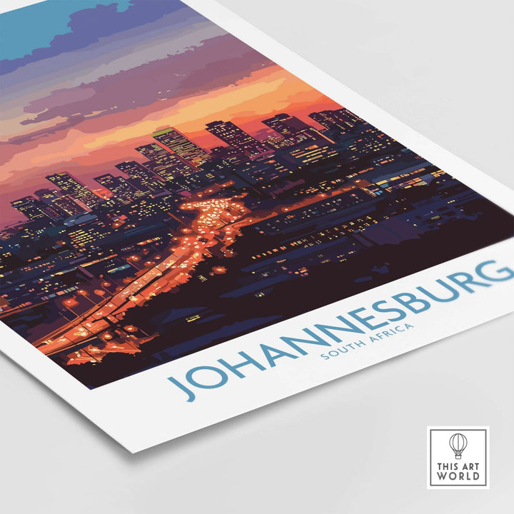 Johannesburg skyline art print featuring vibrant sunset colors and city lights in South Africa.