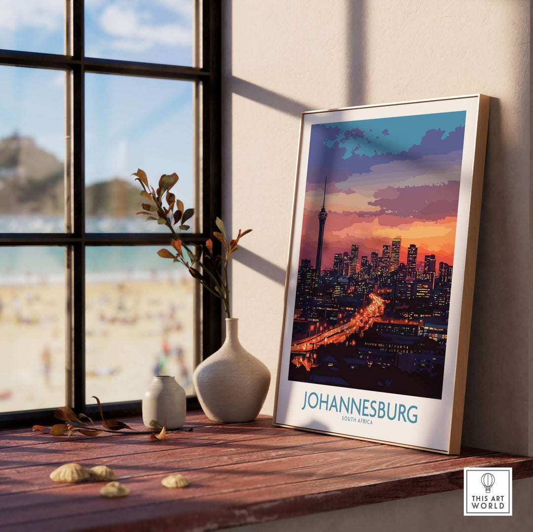Johannesburg skyline poster print displayed in a sunlit room, showcasing South Africa's vibrant city nightlife.