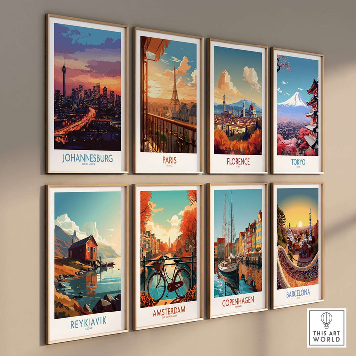 Gallery of travel posters featuring Johannesburg, Paris, Florence, Tokyo, Reykjavik, Amsterdam, Copenhagen, and Barcelona.