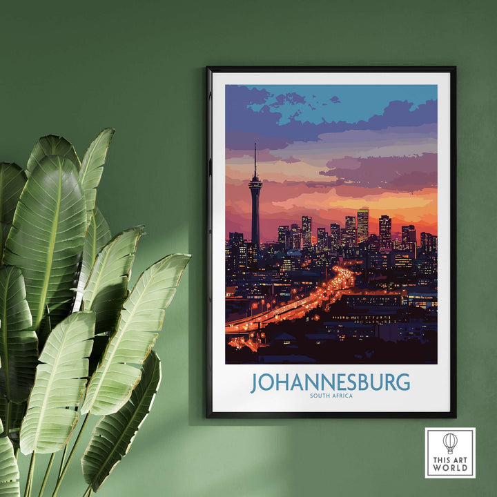 Johannesburg skyline poster print showcasing vibrant city lights and sunset, perfect for art lovers of South Africa.