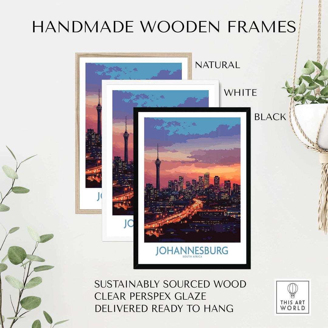 Handmade wooden frames in natural, white, and black for Johannesburg skyline poster, crafted from sustainable wood.