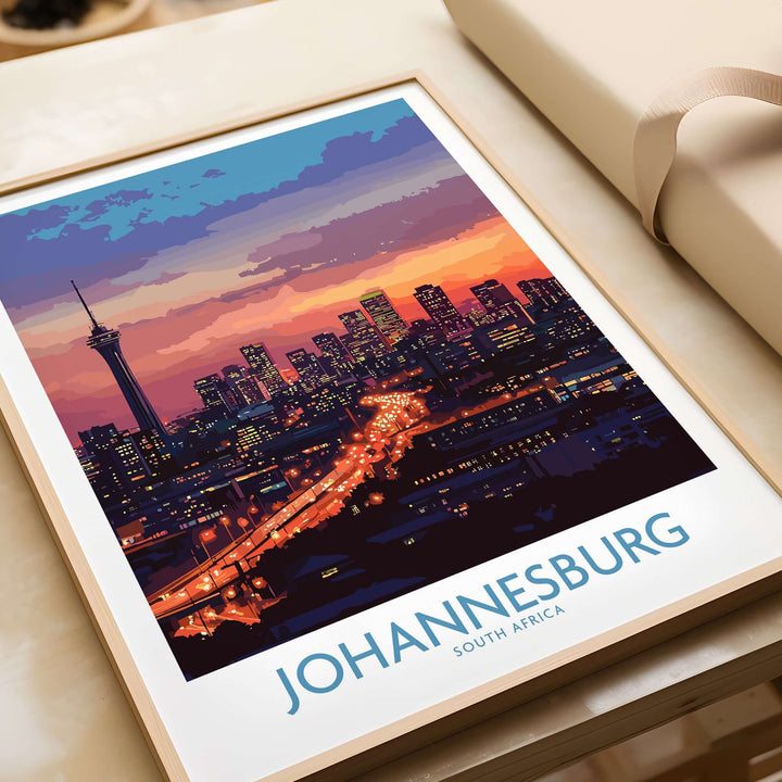Johannesburg skyline poster print showcasing vibrant colors and city lights, perfect for South Africa art lovers.