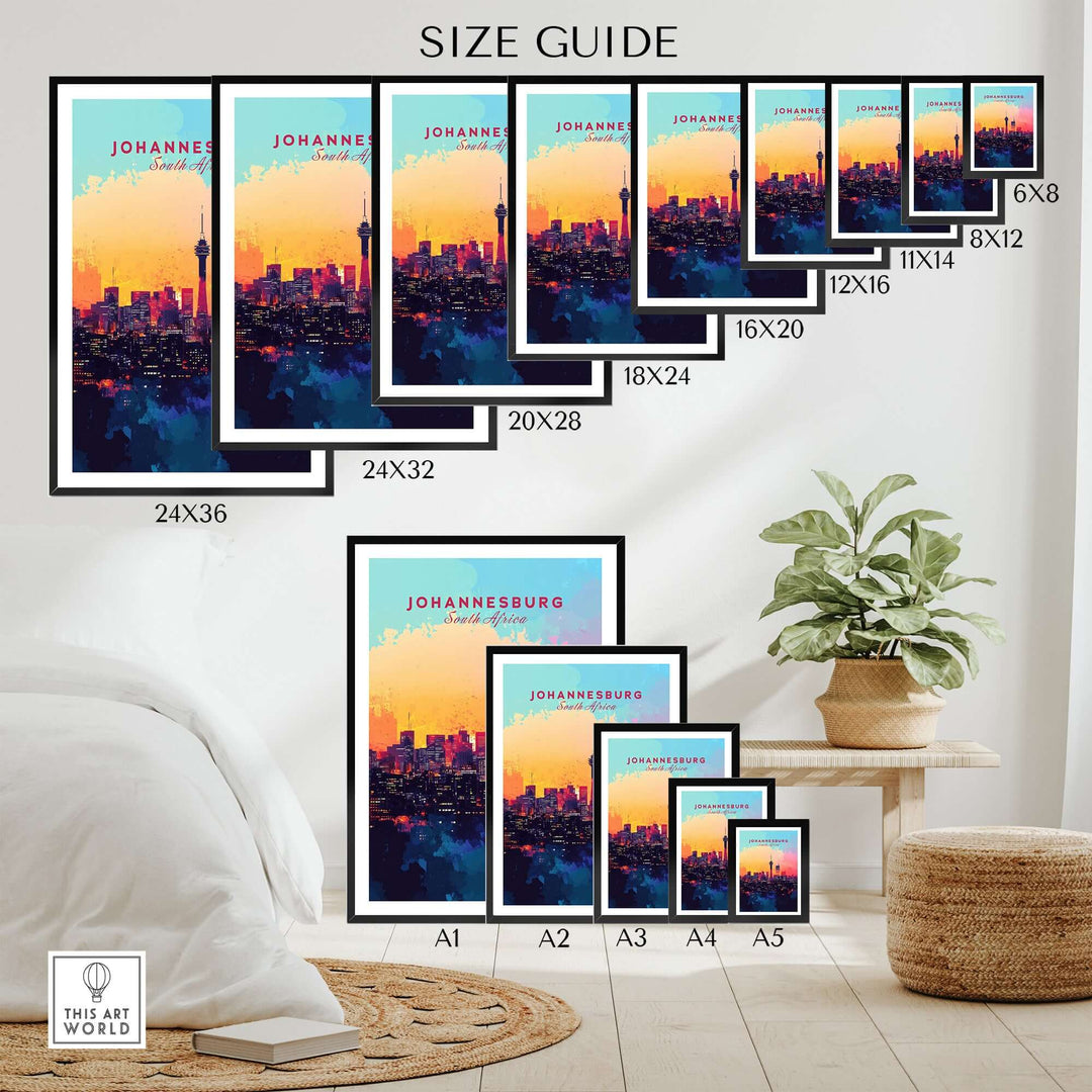 Size guide for Johannesburg skyline poster showcasing various frame sizes in a stylish living room setting.