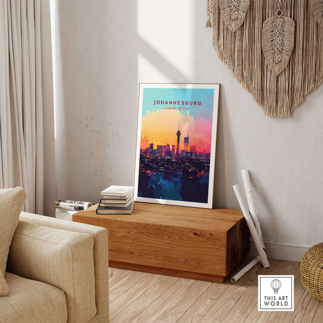 Johannesburg skyline poster displayed in a modern interior, capturing South Africa's vibrant cityscape.