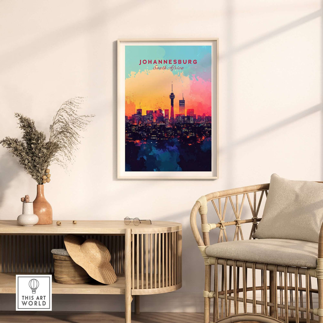 Johannesburg skyline poster showcasing colorful cityscape wall art in stylish living room decor.