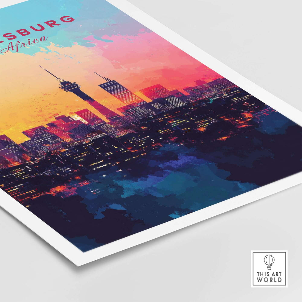 Johannesburg skyline poster featuring vibrant cityscape and sunset hues, perfect for South Africa wall art decor.