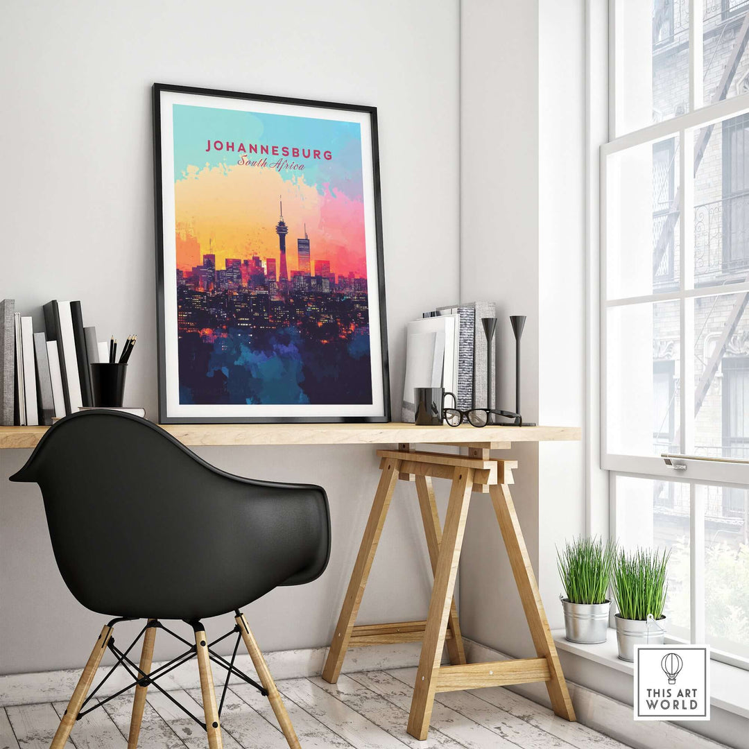 Johannesburg skyline poster displayed in modern workspace, vibrant cityscape wall art for home decor.