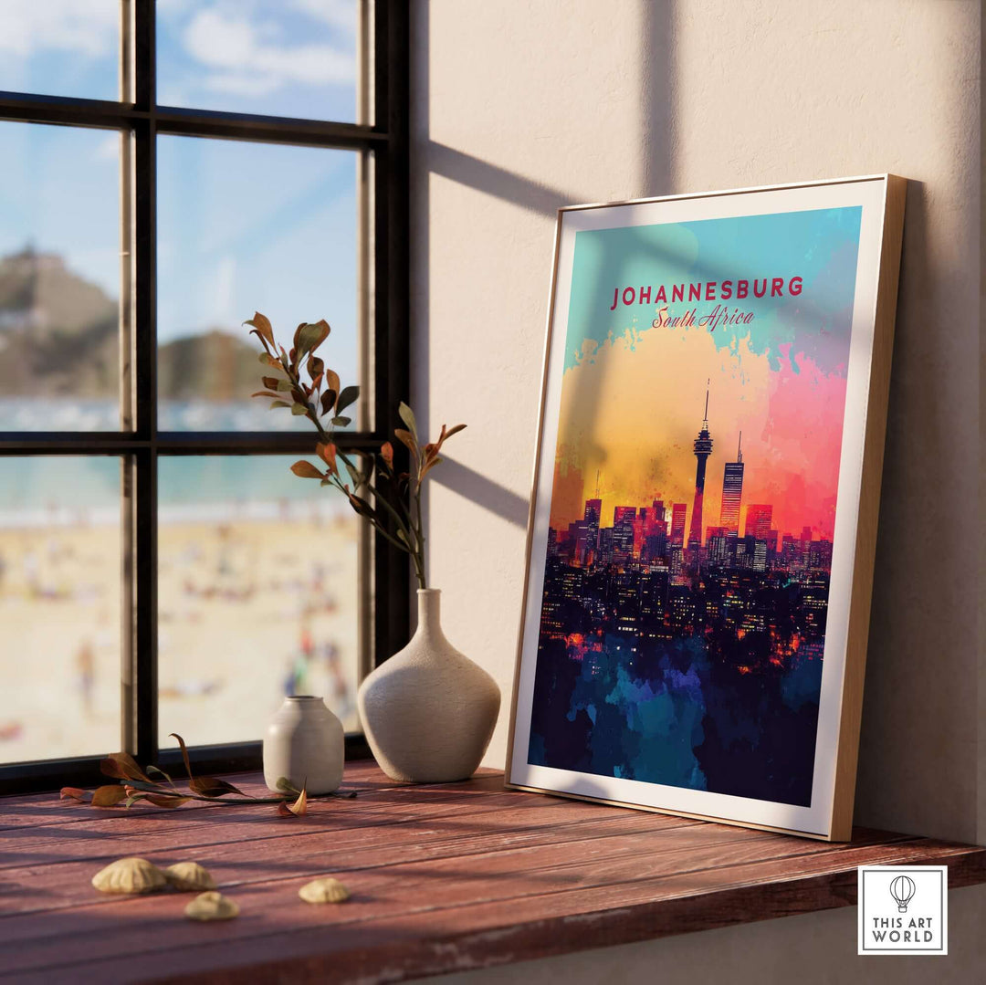 Johannesburg skyline poster featuring vibrant cityscape wall art, displayed on a windowsill with beach view.