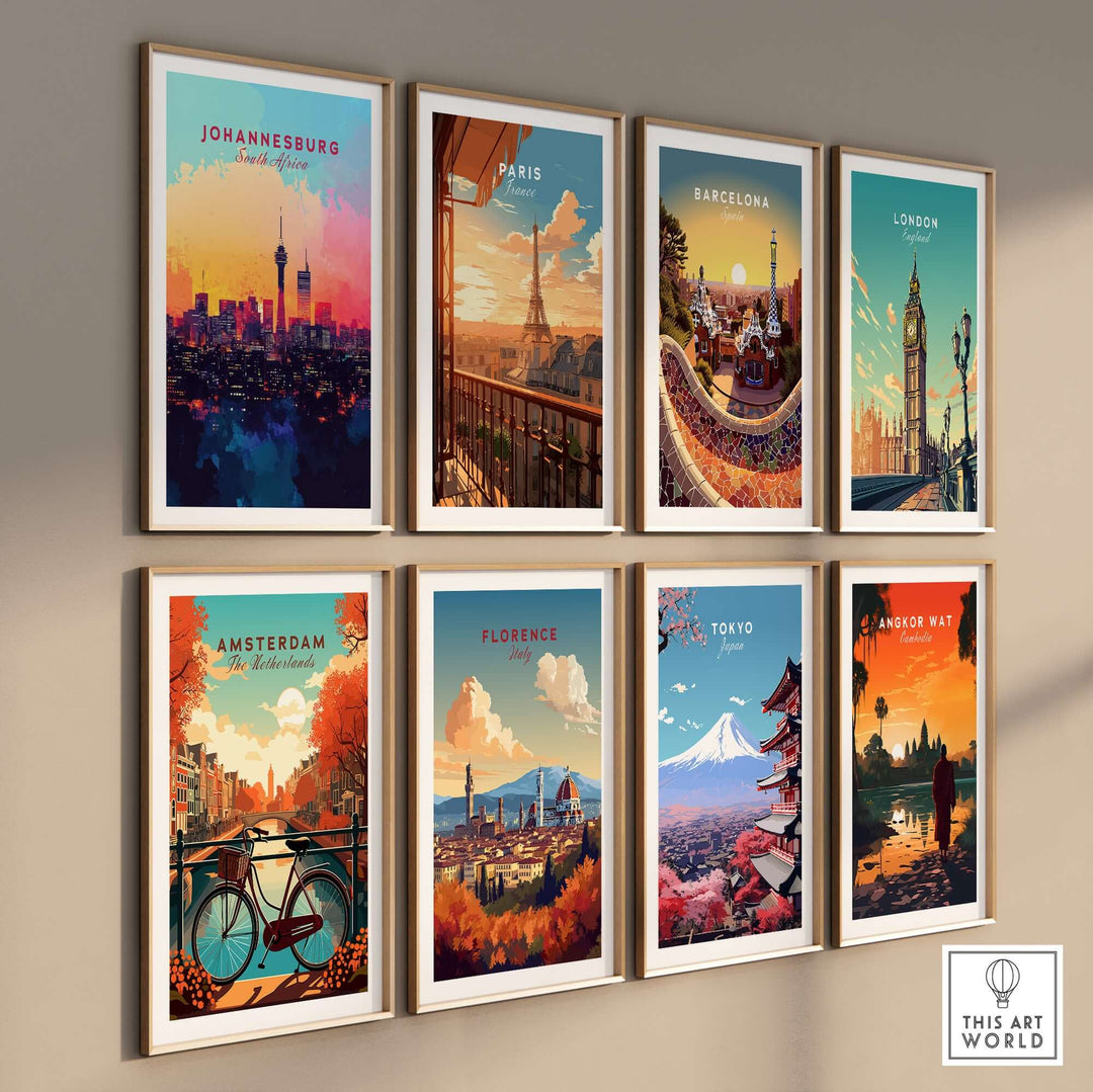 Colorful cityscape wall art featuring Johannesburg, Paris, Barcelona, London, and more in elegant frames.