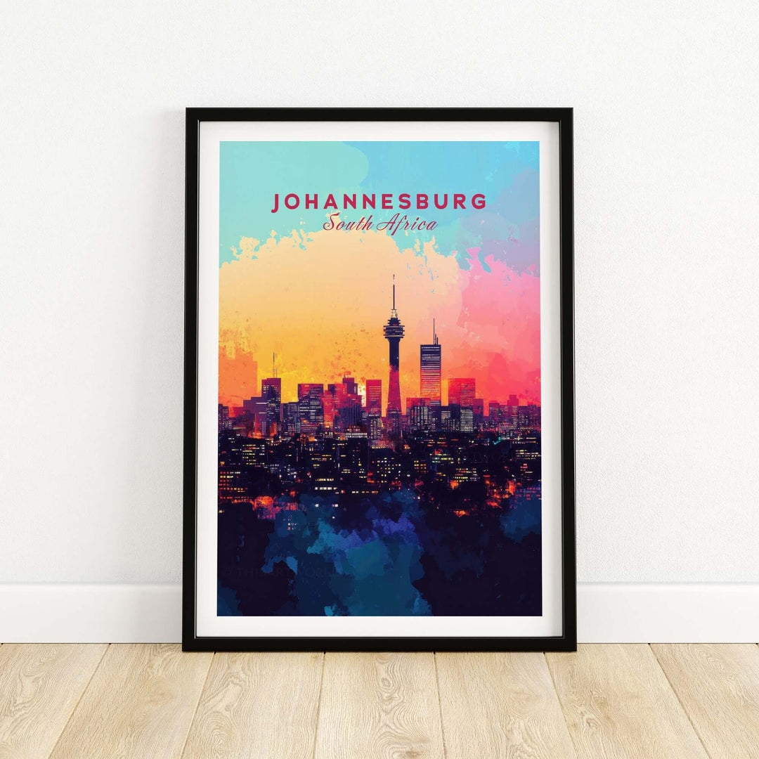 Johannesburg skyline poster featuring vibrant cityscape and colors, showcasing South Africa's urban beauty.