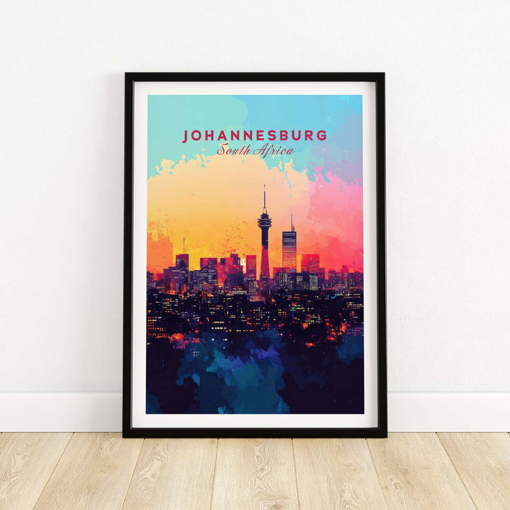 Johannesburg skyline poster featuring vibrant cityscape and colors, showcasing South Africa's urban beauty.