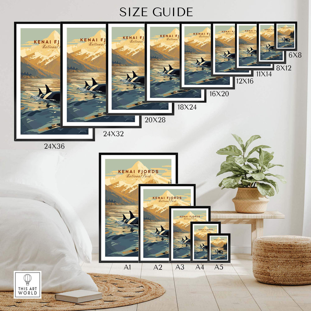 Size guide for Kenai Fjords National Park poster with various frame sizes displayed in a cozy room setting.