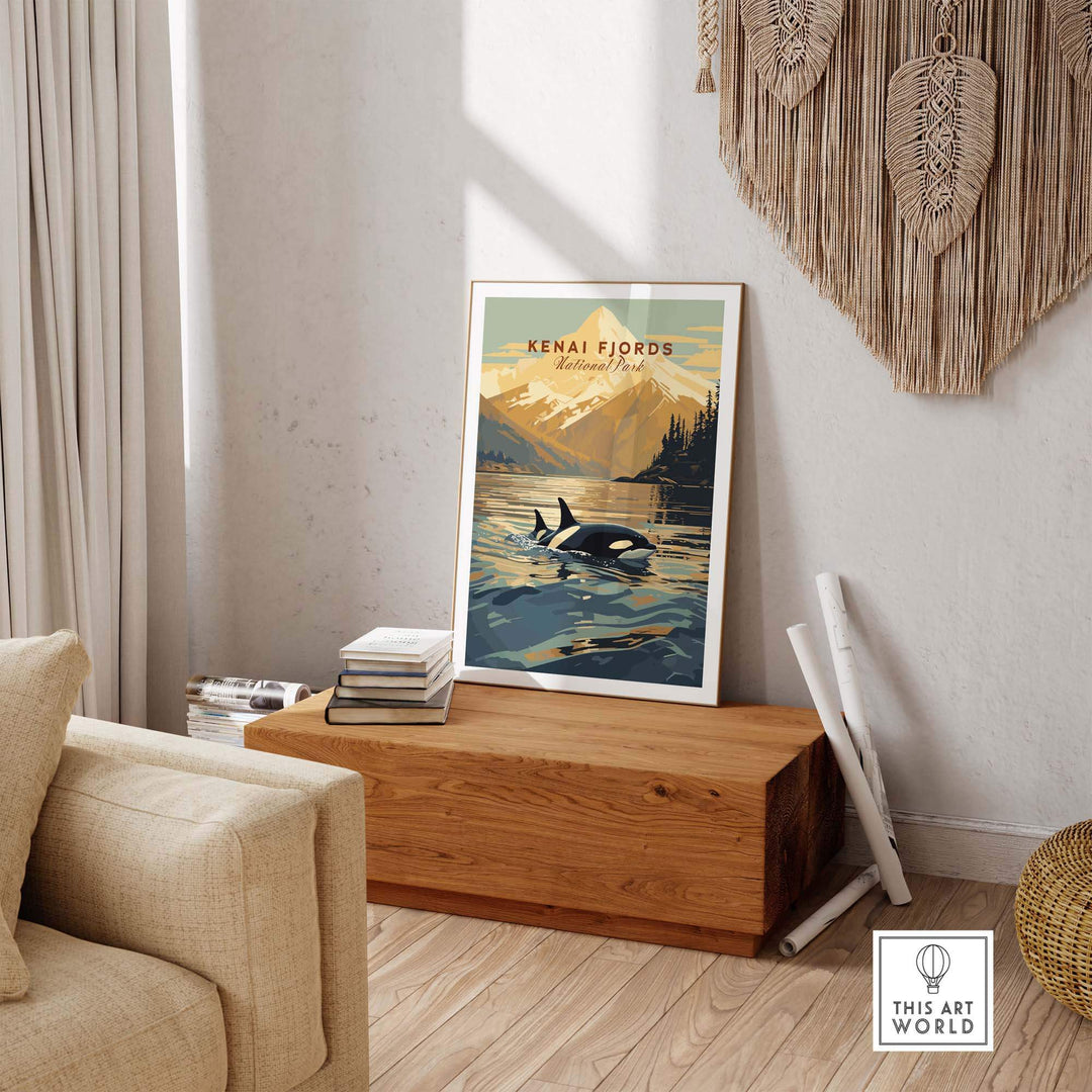 Kenai Fjords National Park poster featuring orcas swimming in Alaskan waters, ideal for nature lovers' home decor.