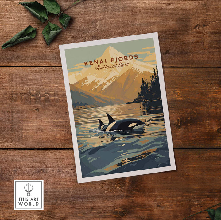 Kenai Fjords National Park poster featuring orcas swimming in Alaska's serene waters, perfect for nature lovers' decor.