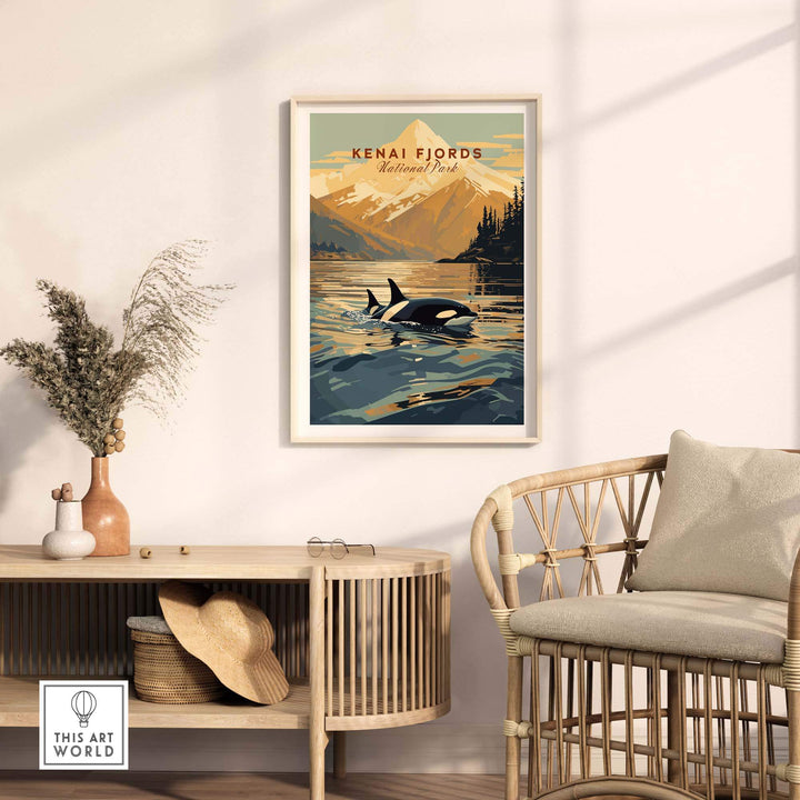 Kenai Fjords National Park poster featuring orcas in Alaska, displayed in a cozy room with natural decor.