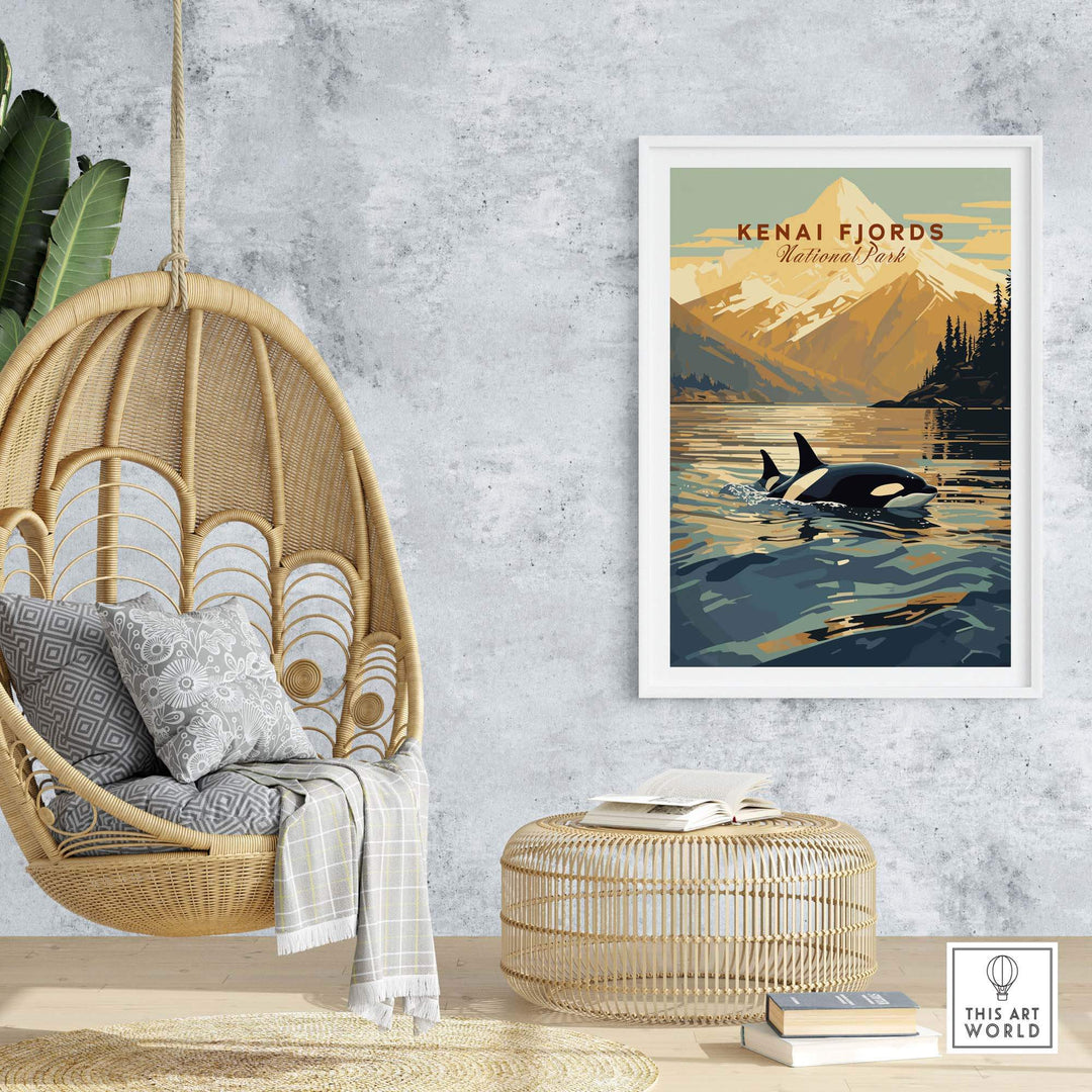Kenai Fjords National Park poster featuring orcas swimming near Alaska's coastal mountains in a stylish home setting.