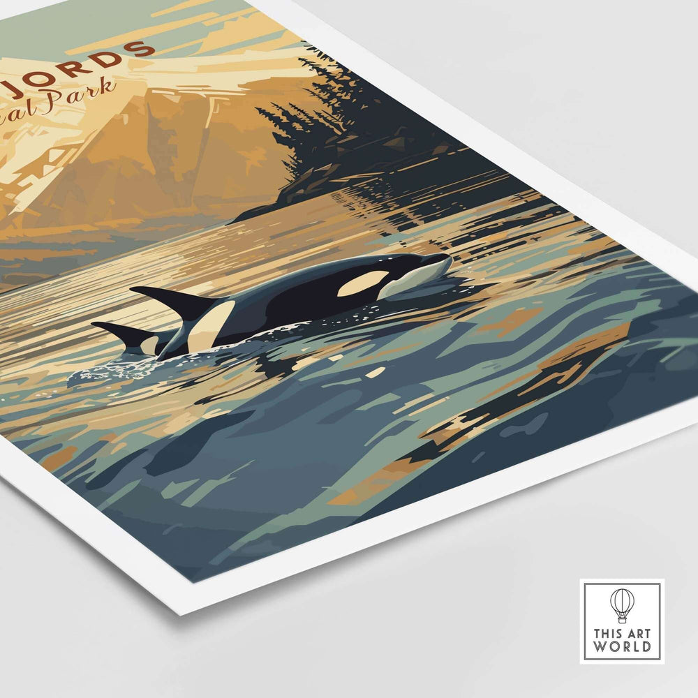 Kenai Fjords National Park poster featuring an orca swimming in Alaskan waters, ideal for nature lovers and home decor.