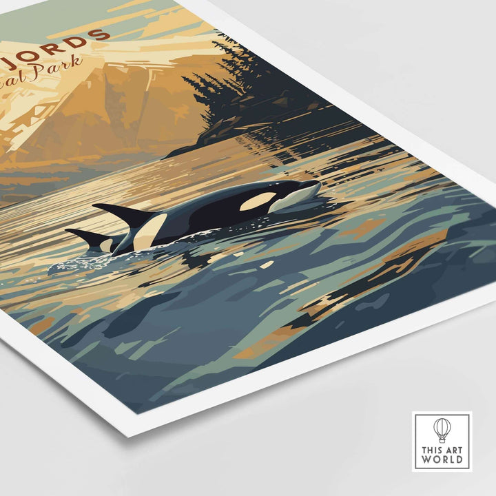 Kenai Fjords National Park poster featuring an orca swimming in Alaskan waters, ideal for nature lovers and home decor.