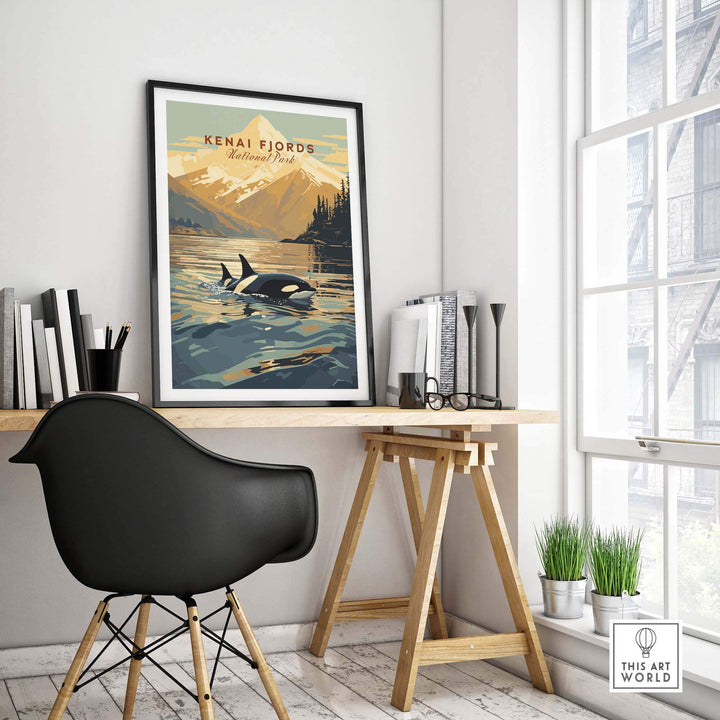 Kenai Fjords National Park poster depicting Orcas swimming in Alaska, showcased in a stylish home office setting.