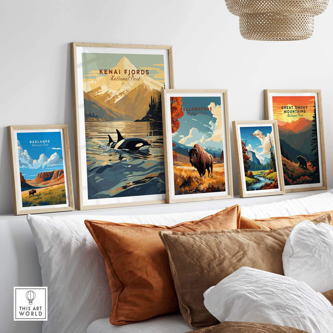 Kenai Fjords National Park poster featuring orcas, displayed among other scenic national park prints in a stylish interior setting.