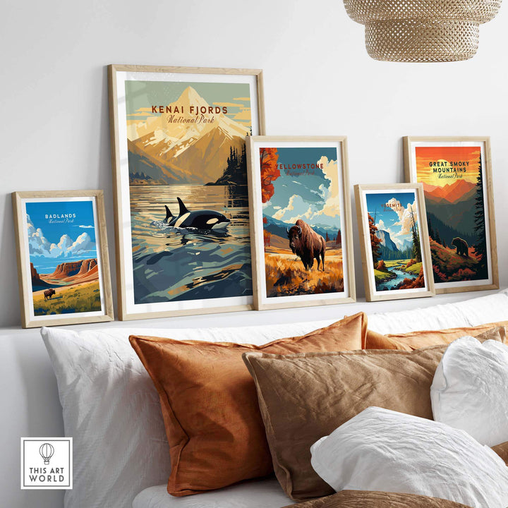 Kenai Fjords National Park poster featuring orcas, displayed among other scenic national park prints in a stylish interior setting.